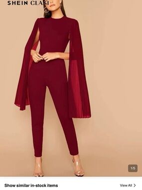 Red Pleated Sleeve Cape Jumpsuit